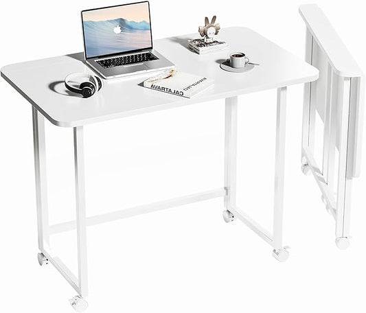 Folding Desk,Not Require Assembly,Small Foldable Desk 31.5" for Small Spaces,Space Saving Computer Table Writing Workstation for Home Office,White