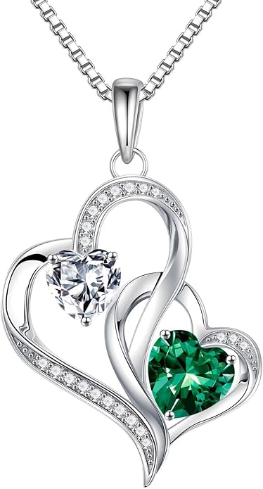 Iefil Christmas Gifts for Women - Double Heart Birthstone Necklace, 925 Sterling Silver Heart Pendant Necklace, Anniversary Birthday Gifts for Women | Personalized Jewelry Gift for Wife Mom Girlfriend