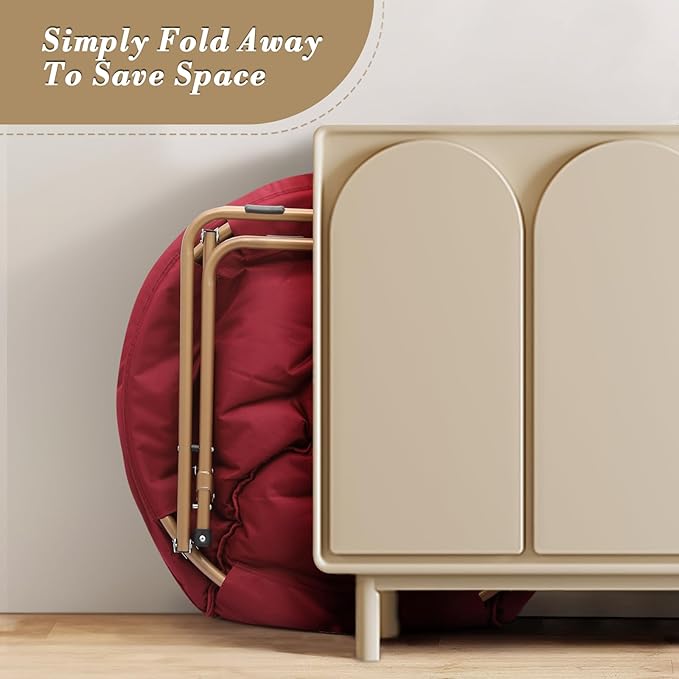 Athena Collection Saucer Chair with Ottoman - Modern Red Faux Fur Foldable Accent Chair - Comfortable for Bedroom, Living Room, Gaming, Reading - 300 lbs Weight Capacity