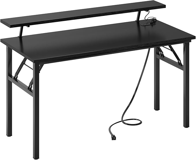 DlandHome Computer Desk 47’’ with LED Lights & Power Outlets,Folding Desk with Monitor Stand, Writing Desk Home Office Desk, Fully Assembled,Black