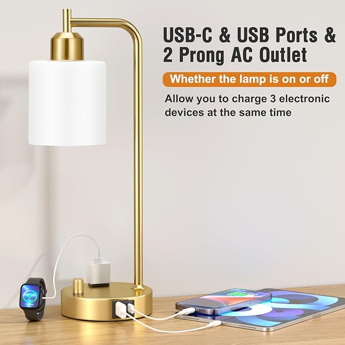 Innqoo Industrial Table Lamps for Bedroom Set of 2 - Fully Dimmable Bedside Lamps with USB Ports and Outlet, Gold Nightstand Lamps with Opal Glass Shade for Living Room, Desk Lamps for Office Reading