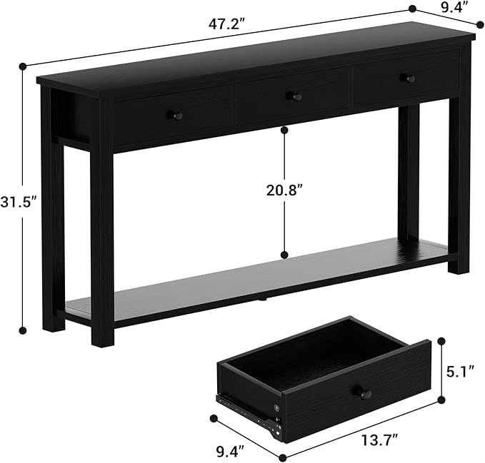 Homieasy Farmhouse Console Table with 3 Drawers, 47 Inch Wood Sofa Table with Storage Shelf for Living Room, Behind Couch, Entryway Table for Hallway, Living Room, or Foyer, Black