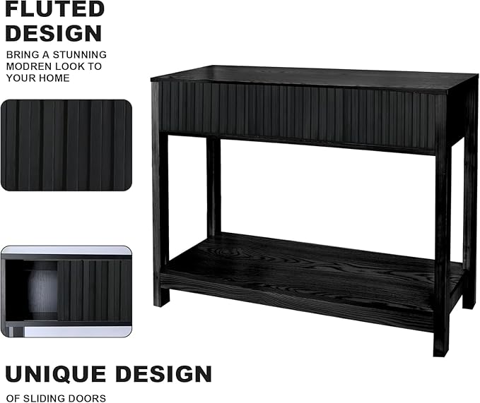 ZYBT Long Console Table with Storage, Fluted Entryway Table Slim Sofa Table Behind Couch, Foyer Entrance Table Black