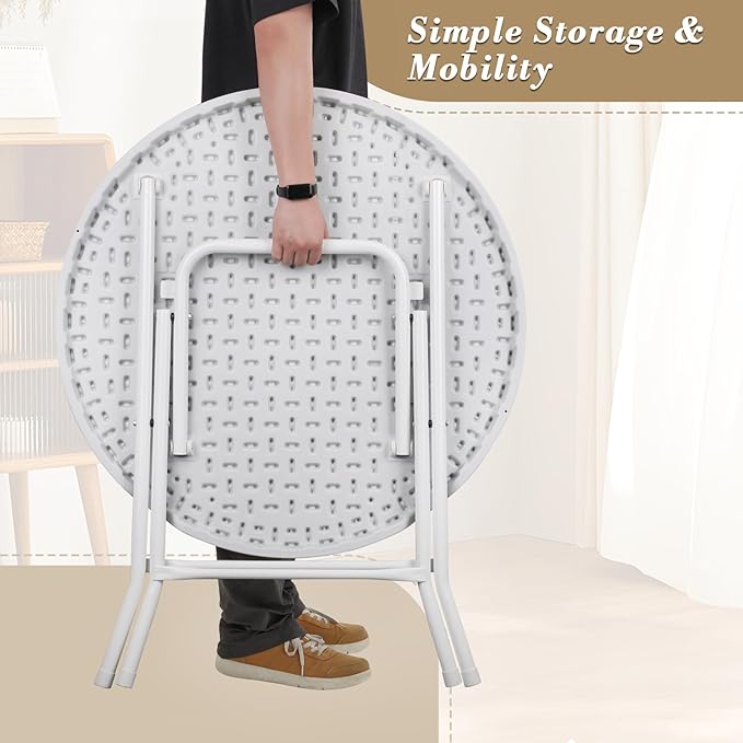 Athena Collection 2.6ft Plastic Folding Dining Table, Portable Round Card Table with Steel Legs for Indoor Outdoor, Foldable Heavy Duty for Camping Party, White