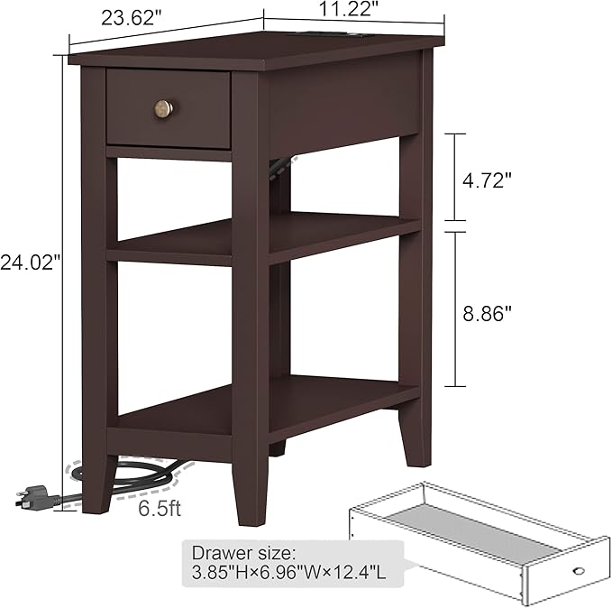 ChooChoo Narrow End Table with Charging Station, Side Table Living Room with USB Ports & Power Outlets and Hidden Drawer, 3-Tier Skinny Nightstand with 2 Open Storage Shelves For Small Place(Espresso)