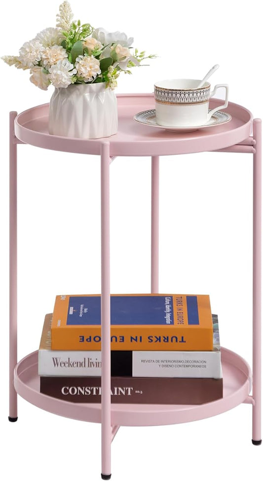 HollyHOME 2-Tier Round Side Table, Outdoor Small Folding Accent Stand with Removable Tray, Anti-Rust Metal Asional Table for Balcony Patio Living Room, Nightstand for Bedroom(Pink)