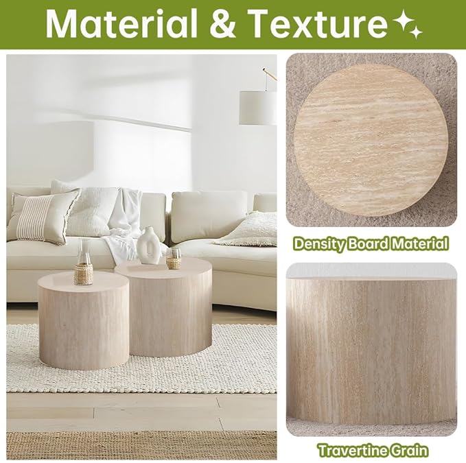 Round Nesting Coffee Table Set of 2 Small Round Coffee Tables for Living Room Modern Fluted Coffee Table Circular End Table Side Table for Small Spaces No Assembly (Travertine, 18 in)