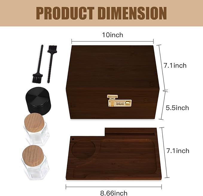 Large bamboo box, locked storage decorative box with combination lock, wooden lock box with lid, wooden locked storage box with removable tray and jars(Walnut)