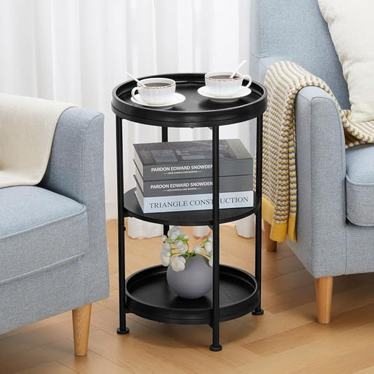 Dulcii Side Table, Round End Table with 3 Shelves for Living Room, Bedroom, Nightstand with Steel Frame for Small Spaces, Industrial Round Sofa Table, Outdoor Accent Coffee Table, Black