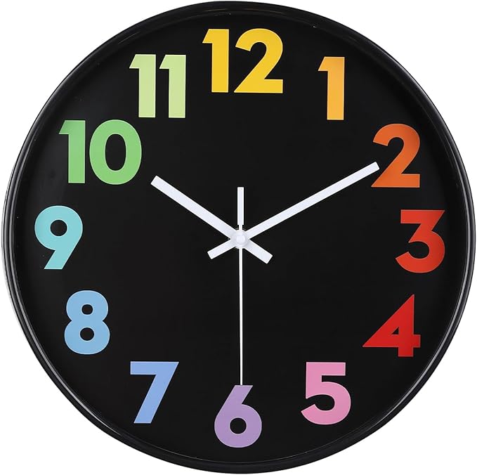 12 Inch Wall Clock for Kids Non Ticking Battery Operated Toddler Teaching Clock Silent Colorful Time Decorative Round Clock for Bedroom, Nursery Room, School, Home/Black