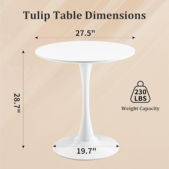 27.5" Small Round Dining Table, Modern Tulip Style Table for 1-2 People, Space-Saving Table for Dining Room, Kitchen, or Cafe, White Pedestal Base