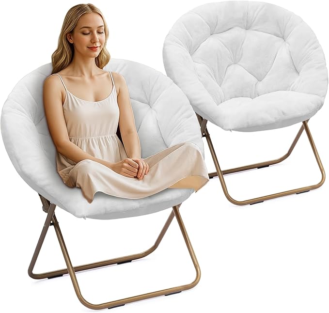 Athena Collection Comfy Saucer Chair Folding Cozy Chair for Bed Room Living Room Accent Chair Faux Fur Reading Chair Foldable Metal Frame Lazy Chair Moon Chair for Adult Set of 2, White