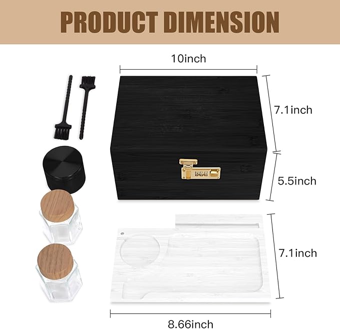 Large bamboo box, locked storage decorative box with combination lock, wooden lock box with lid, wooden locked storage box with removable tray and jars(Black&White)