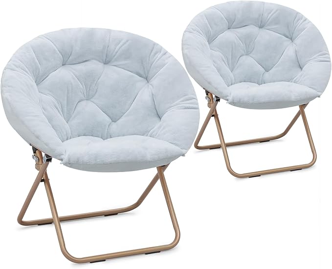 Athena Collection Comfy Saucer Chair Folding Cozy Chair for Bed Room Living Room Accent Chair Faux Fur Reading Chair Foldable Metal Frame Lazy Chair Moon Chair for Adult Set of 2, Blue