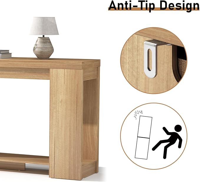 62 Inch Extra Long Console Table with Storage, Farmhouse Wood Entryway Table with Thickened Base, Narrow Entryway Accent Table for Living Room, Hallway, Entrance, Natural Oak