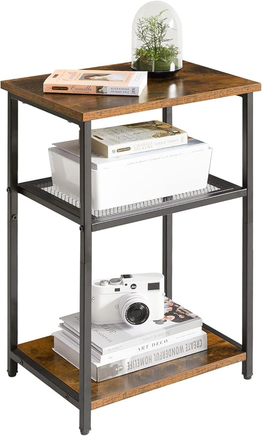 IBUYKE Side Table,3-Tier End Table, Industrial Nightstand Small Table with Storage Shelf, for Bedroom, Living Room, Hallway, with Metal Frame,Rustic Brown UTMJ403H