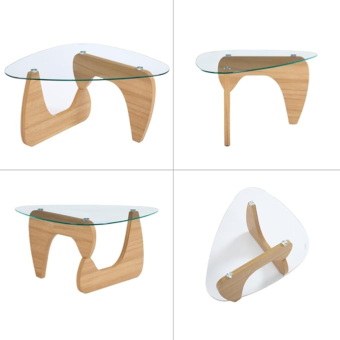 DUOMAY Modern Triangle Glass Coffee Table, 16 Inch High Glass Top Abstract Small End Table with Solid Natural Wood Base, Tea Table Suitable for Living Room, Office, Patio, Apartment, Brown Wood