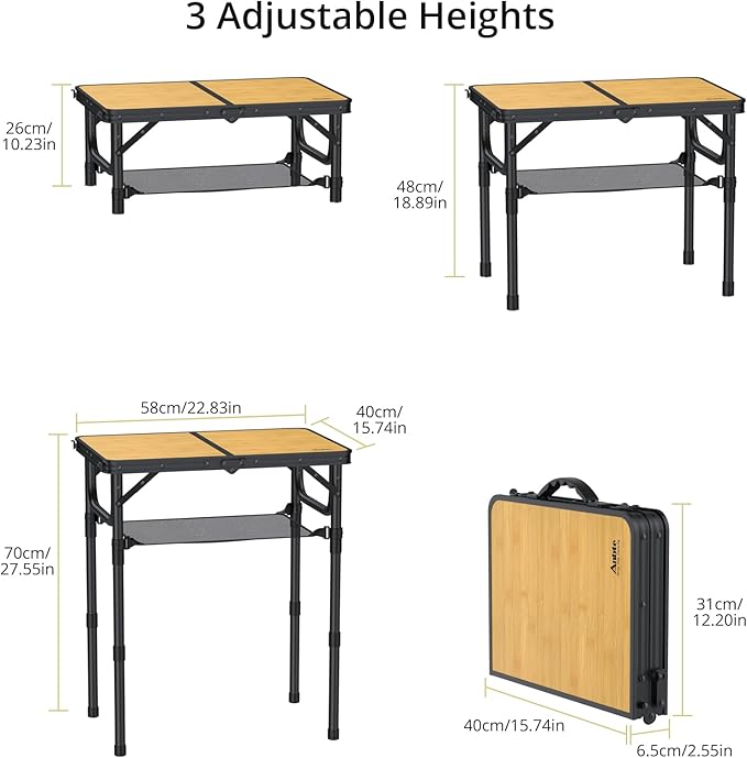 Anbte 2ft Camping Table Foldable with Storage Net, 3 Adjustable Heights Aluminum Small Folding Table, Lightweight, Portable Handle, for Travel Outdoor Beach Camping Picnic, 23.2" x 16", Yellow