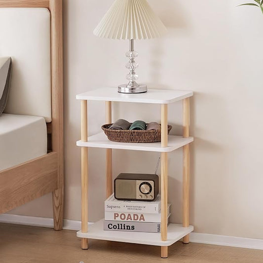 Apicizon 3 Tier Nightstand, End Table with Storage Shelf, Wooden Vinyl Record, Farmhouse Bedside Table for Small Spaces, Bedroom, Living Room, Easy Assembly, White+Natural