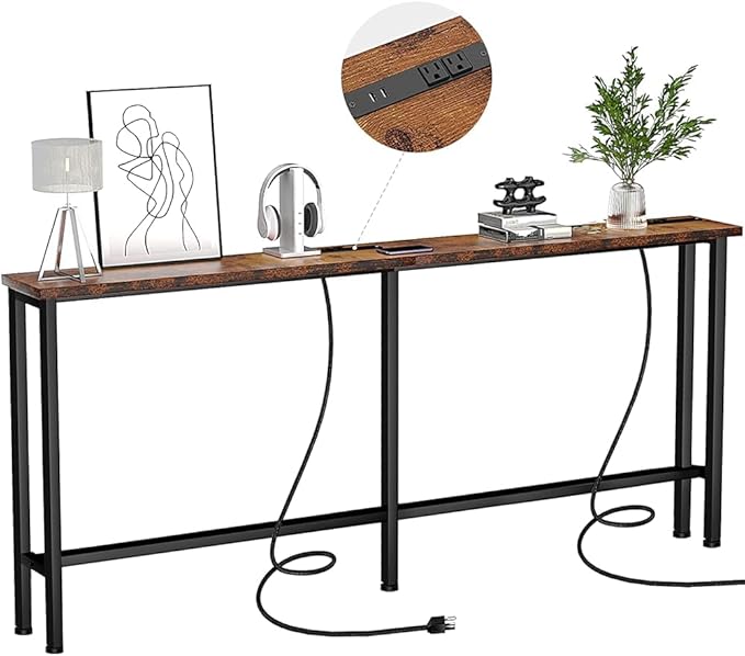 63" Sofa Table Narrow Long - 2 Power Outlets & 4 USB Ports, Metal Frame,Behind Couch Table Behind Sofa for Living Room, Hallway, Entrance- Easy Assembly, 4.9' Extension Cord Included.