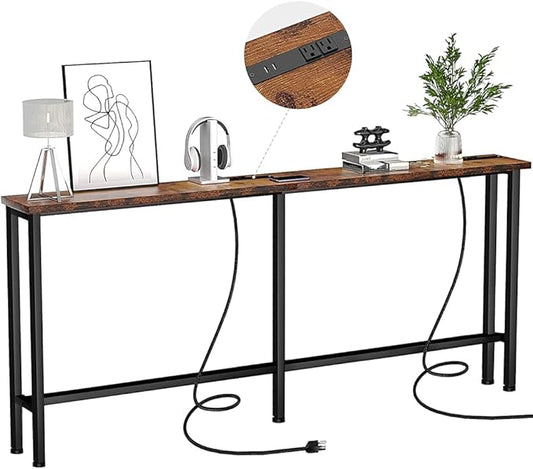 63" Sofa Table Narrow Long - 2 Power Outlets & 4 USB Ports, Metal Frame,Behind Couch Table Behind Sofa for Living Room, Hallway, Entrance- Easy Assembly, 4.9' Extension Cord Included.
