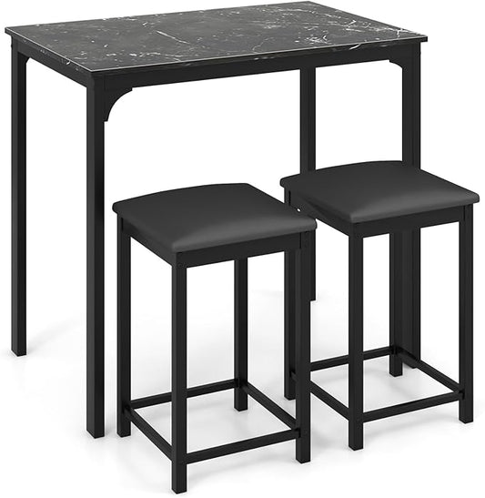 Giantex Dining Table Set for 2, Counter Height Bar Table with Faux Marble Pattern Tabletop, 2 Padded Bar Stools, Footrests, Metal Frame, Dinette Set for Kitchen Small Space Breakfast Nook Pub, Black