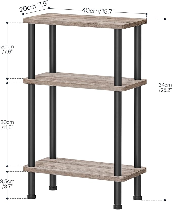 HOOBRO Narrow Side Table, 3-Tier Slim End Table No Tools Needed, Twist-On Assembly, Skinny Nightstand Sofa Storage Shelf for Living Room, Bedroom, Study, Greige and Black BG246BZ01
