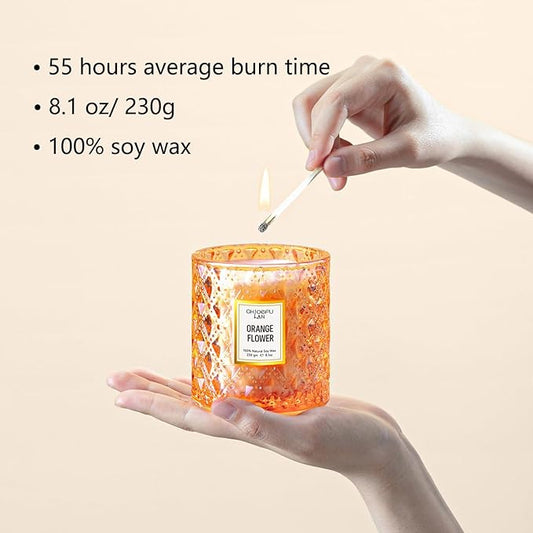 Chloefu LAN Orange Blossom Candle, Natural Soy Scented Candles for Stress Relief, Holiday Candle Gifts, 55 Hours Smokeless Long Lasting Burning, Great Gift for Women & Men
