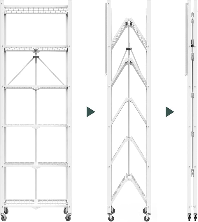 72" H 6 Tier Foldable Storage Shelf with Wheels, Folding Shelving Loads 600 LBS, Metal Steel Garage Shelves, Rolling Standing Utility Rack for Kitchen, Pantry, Office, White