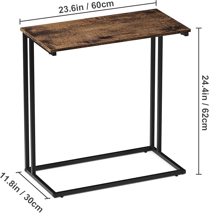 C-Shaped Side Table, Modern End Table with Metal Frame, Space Saving Design for Living Room，Large Surface Couch Table for Bedroom, and Home Office，24 x 12 x 24 inches (Rustic Brown)