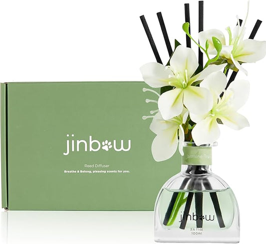 Flower Reed Diffuser Set, Jasmine Essential Oil with Sticks, Long Lasting Home Fragrance for Bedroom, Bathroom Shelf Decor, Hotel Collection Diffuser 3.4 oz