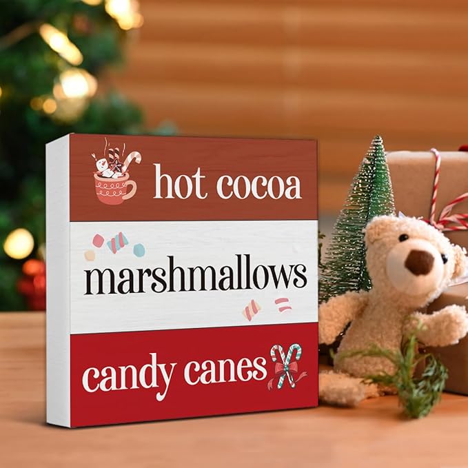Hot Cocoa Bar Winter Decorations Indoor - Christmas Decor, Hot Cocoa Chocolate Bar Wooden Sign, Home Decor for Desk Table Shelf 5 X 5 Inches