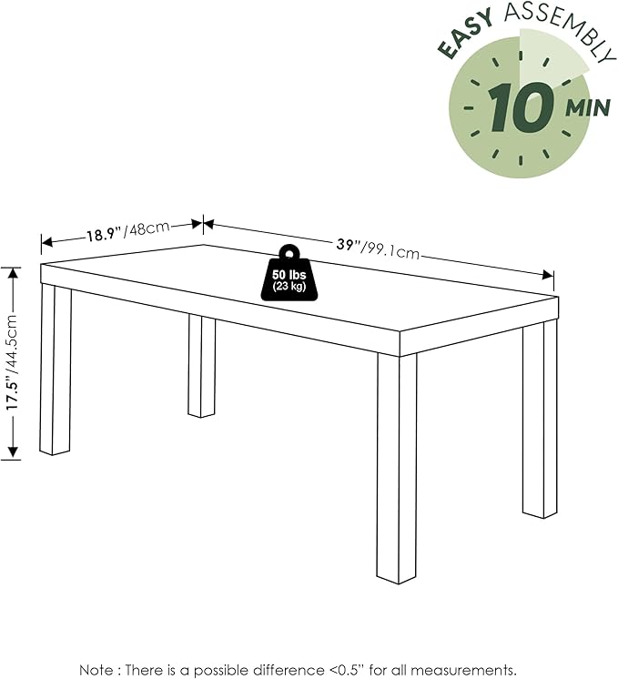 Furinno Classic Coffee Table, Modern Rectangle Coffee Table with 1.8 Inch Thick Tabletop, Side Table for Living Room, Home Office, Sage Green