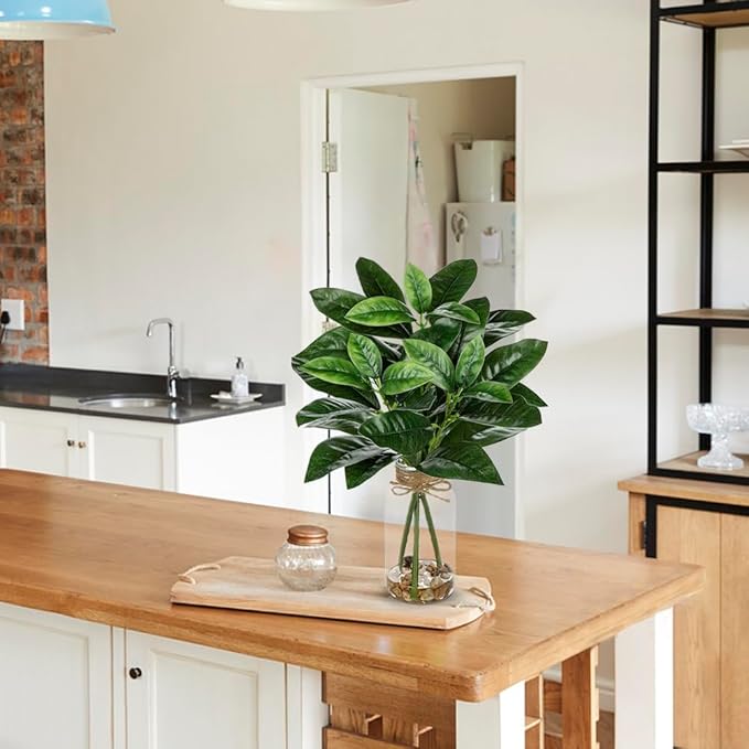 DILATATA Artificial Magnolia Stems in Glass Vase with Faux Water and Real Stones 15" Fake Greenery Plant Magnolia Leaves for Home Office Farmhouse Bathroom Bedroom Kitchen Table Centerpiece Decor