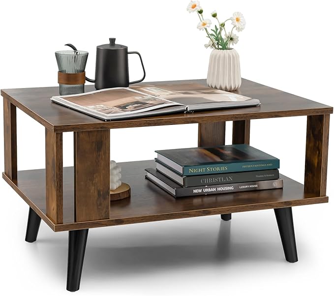 Giantex Small Wood Coffee Table, 2-Tier Tea Table w/Open Storage Shelf & Supportive Legs, Easy Assembly, Mid-Century Center Table for Living Room, Reception Room