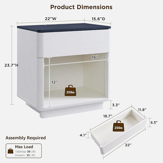 ACCOHOHO Modern Nightstand with Charger Station, 22" Wide Night Stand with Storage Drawer & Open Shelf, Large Bedside Table for Bedroom, Wood End Table, Curved Profile, White