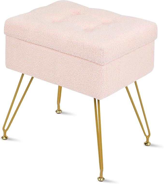 Vanity Chair with Storage, 15.7" L x 11.8" W x 17.7" H Teddy Velvet Vanity Stool with Coffee Table and Metal Legs, Multifunctional Makeup Stool for Vanity, Bedroom, and Living Room, Pink