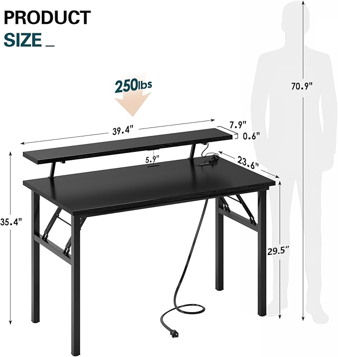 DlandHome Computer Desk 39’’ with LED Lights & Power Outlets,Folding Desk with Monitor Stand, Writing Desk Home Office Desk, Fully Assembled,Black