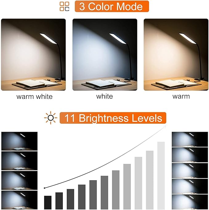 Vansuny Clip on Light LED Desk Lamp with Eye-Caring LED Light and Metal Clip, 11 Level Brightness 3 Color Modes, Power by USB Port 5W Flexible Gooseneck Reading Lamp for Home and Office (5W, Black)