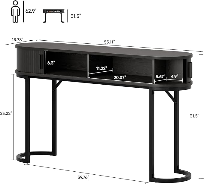ONBRILL 55 Inch Console Table with 2 Drawers, Entryway Table with Sliding Door, Long Sofa Table Behind Couch w/Metal Leg, Mid-Century Modern Console Table for Entryway, Hallway, Living Room,Black