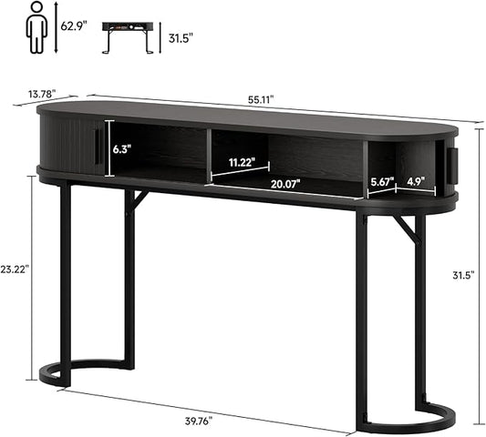 ONBRILL 55 Inch Console Table with 2 Drawers, Entryway Table with Sliding Door, Long Sofa Table Behind Couch w/Metal Leg, Mid-Century Modern Console Table for Entryway, Hallway, Living Room,Black