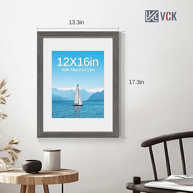 VCK 12x16 Picture Frame 2 Pack - Grey, High-End Wood Poster Frames with Tempered Glass, Display 8.5x11 Photo with Mat or 12x16 without Mat, Art Gallery-Quality, Wall Hanging, Grey