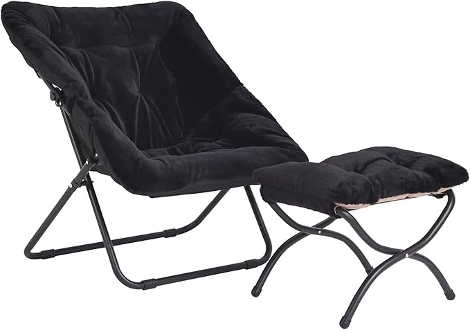 Oversized Folding Faux Fur Chair with Ottoman, X-Large Soft Saucer Chair, Foldable Metal Frame for Bedroom, Living Room, Balcony (Black)