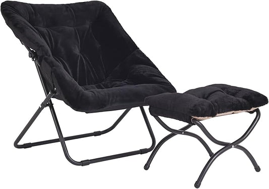 Oversized Folding Faux Fur Chair with Ottoman, X-Large Soft Saucer Chair, Foldable Metal Frame for Bedroom, Living Room, Balcony (Black)