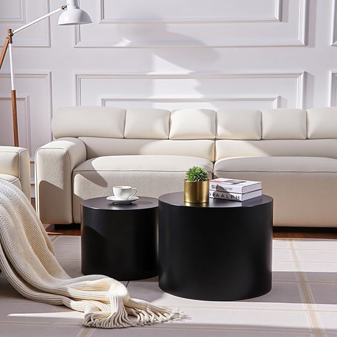 Nesting Coffee Table Set of 2, Modern Round Coffee Table with Non-Slip Feet, Wooden Circle Accent Tables for Small Spaces Living Room Bedroom Balcony Office Drum Side Table (Black)