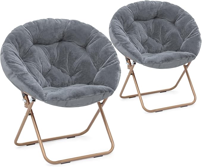 Athena Collection Comfy Saucer Chair Folding Cozy Chair for Bed Room Living Room Accent Chair Faux Fur Reading Chair Foldable Metal Frame Lazy Chair Moon Chair for Adult Set of 2, Grey