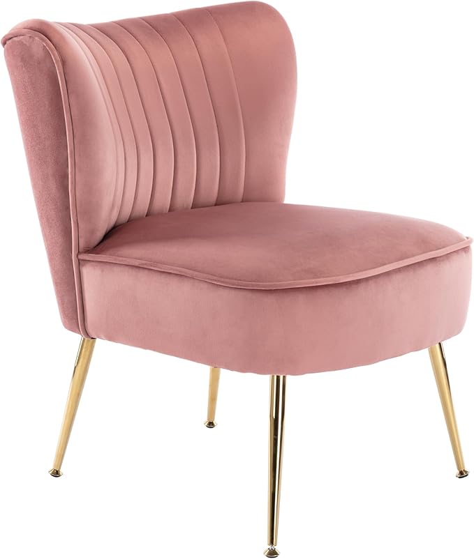 Velvet Accent Chairs Set of 2 Comfy Living Room Chair Armless Slipper Chair Mid Century Side Single Sofa Chair with Golden Legs Wingback for Bedroom Guest Room, Pink