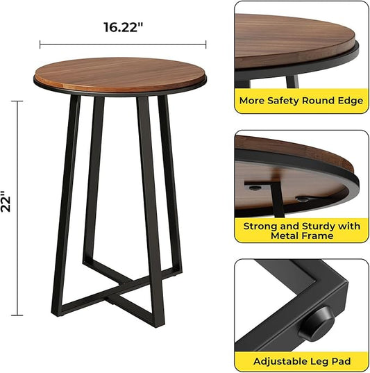 Round End Tables, Small Side Table Walnut Color MDF Top, Metal Frame Black, Tall End Table for Bed Room, Coffee Tea End Table for Living Room(Walnut+Black)