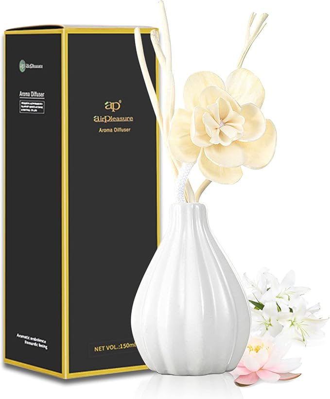 Dried Flower Reed Diffuser Set, Natural Sticks, Elegant Ceramic Bottle, Aromatherapy Oil Set, Home Fragrance & Decorative Diffuser (LilyLotus)