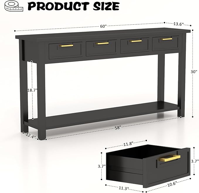 Console Table for Entryway with 4 Drawers, 60 Inch Long Foyer Table w/Open Storage Shelves and Handmade Metal Handle, Narrow Sofa Table for Living Room, Hallway, Black